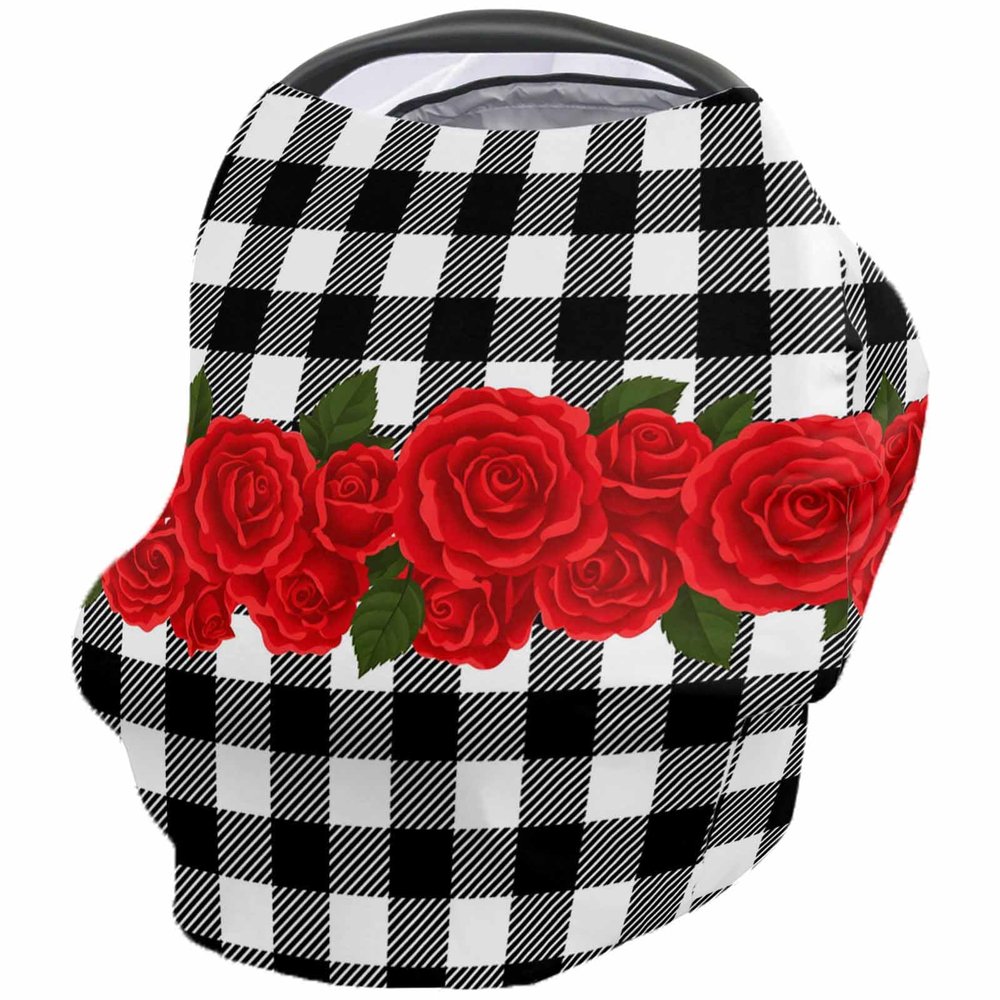 Baby Car Seat Covers Valentine's Day Red Rose on Black White Buffalo Plaid Nursing Covers Breastfeeding Scarf Soft Stretchy Carseat Canopy Cover Shopping Cart Cover Stroller Covers for Baby Girls Boys