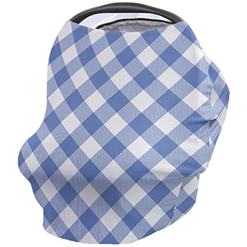 Baby Car Seat Covers Pastoral Style Blue Lattice Nursing Covers Breastfeeding Scarf Soft Stretchy Carseat Canopy Cover Shopping Cart Cover Stroller Covers for Baby Girls Boys
