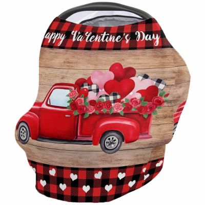 Baby Car Seat Covers Valentine's Day Red Truck with Roses Wood Grain Nursing Covers Breastfeeding Scarf Soft Stretchy Carseat Canopy Cover Shopping Cart Cover Stroller Covers for Baby Girls Boys