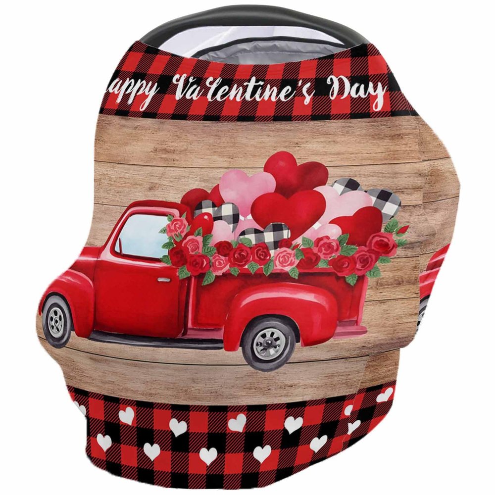 Baby Car Seat Covers Valentine's Day Red Truck with Roses Wood Grain Nursing Covers Breastfeeding Scarf Soft Stretchy Carseat Canopy Cover Shopping Cart Cover Stroller Covers for Baby Girls Boys