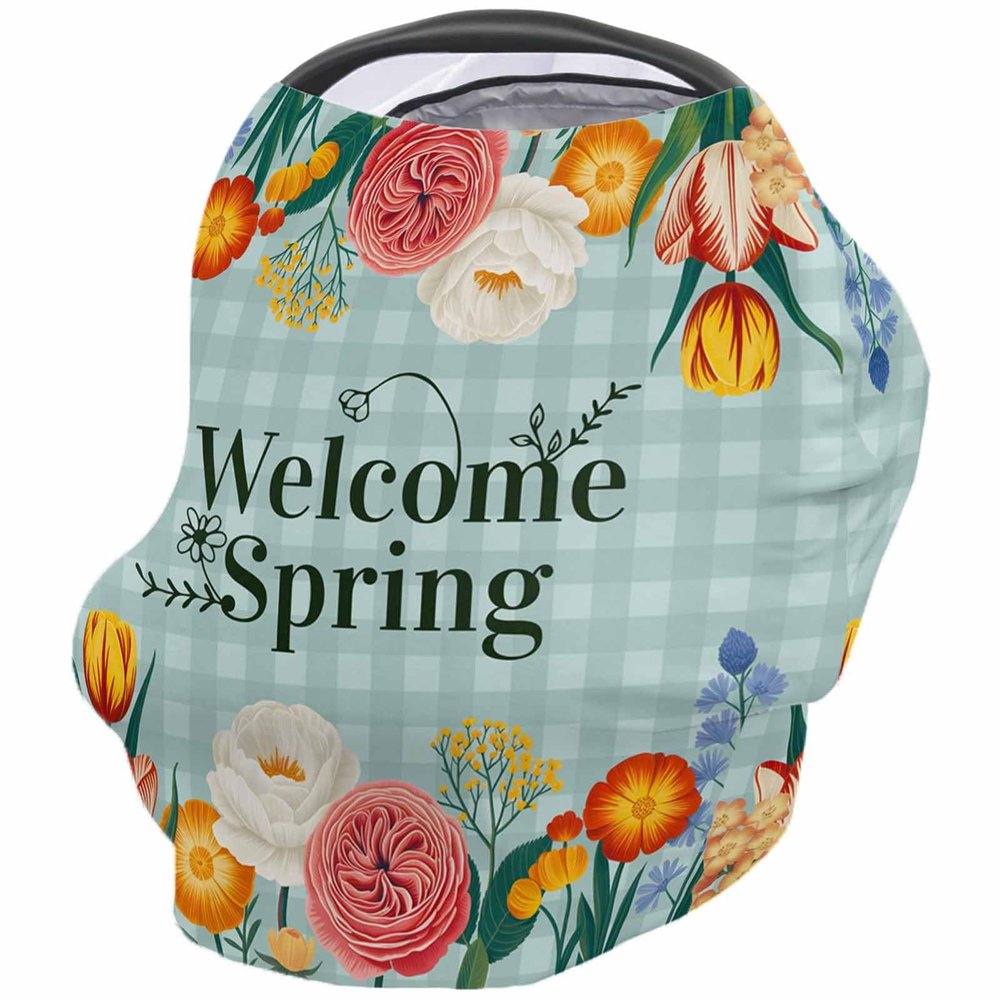 Baby Car Seat Covers Spring Beautiful Flower Bud Blooms Cyan Buffalo Check Plaid Nursing Covers Breastfeeding Scarf Soft Stretchy Carseat Canopy Cover Shopping Cart Cover Stroller Covers for Newborn