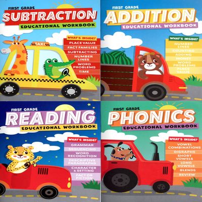 Good Grades First Grade Educational Workbooks Spelling, Phonics, Addition, & Subtraction - Set of 4 Books v2