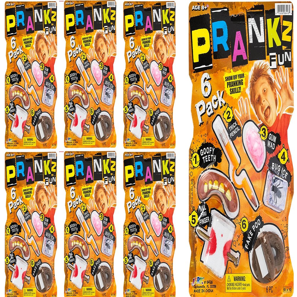 JA-RU Prank Kit for Kids (6 Sets) 6 Different Gag Toys - Big Scary Teeth, Fake Poo, Prank Gum, Bug in Ice, Trick Pencil, & Nail Through Finger Prank | Harmless Pranks for Kids. 6416-6s