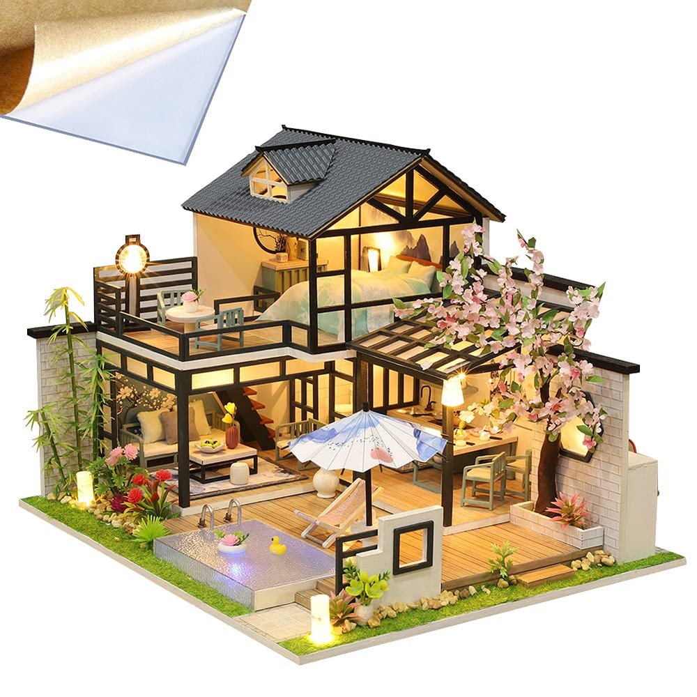 WonDerfulC 3D Wooden Miniature Dollhouse Kit New Chinese Courtyard Villa Model DIY Christmas Crafts Wood Toy Handcraft Artwork for Adults (with dust Cover)