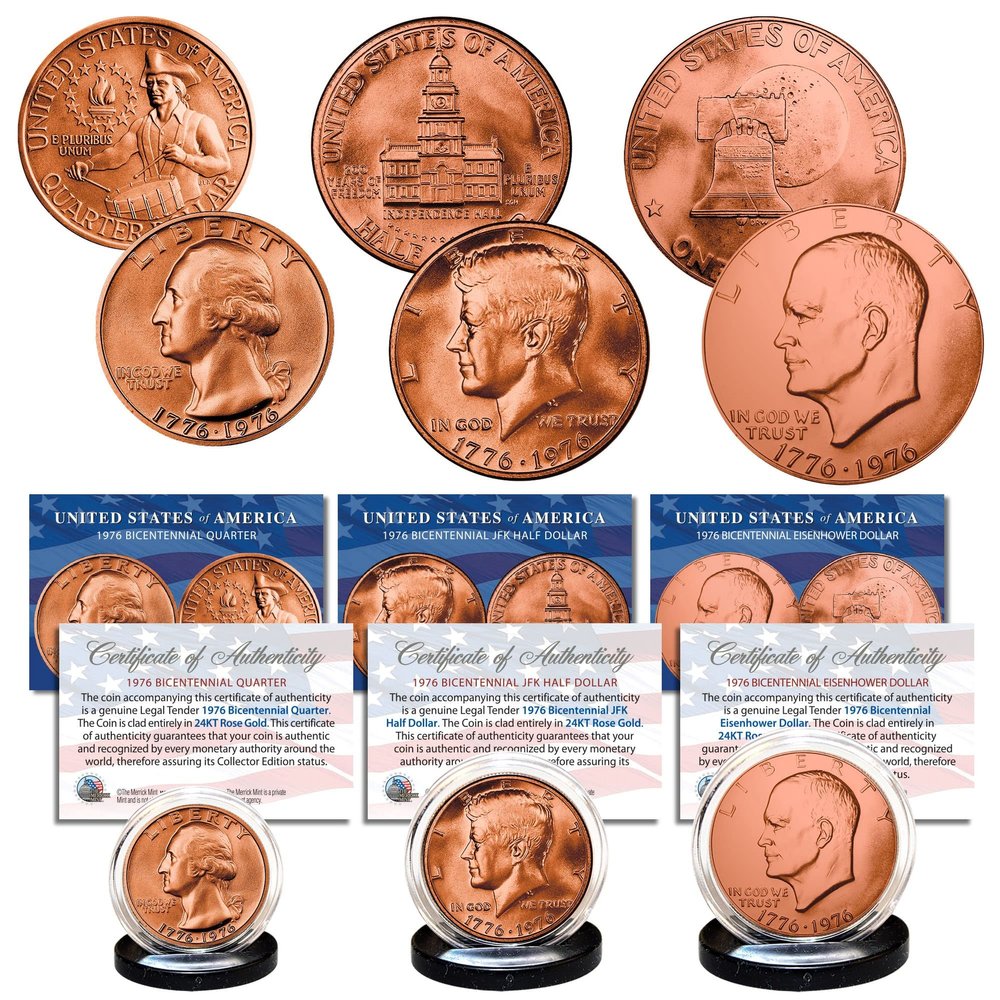 1976 Bicentennial Genuine Rose Gold Plated U.S. Coin Set JFK Half Dollar / IKE Dollar / Quarter Dollar 3-Coin Collection