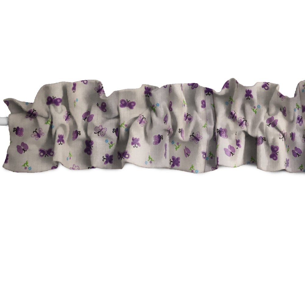 Zen Creative Designs Cotton Floral Butterflies Print Sleeve Topper Window Valance Top Bottom Ruffle Home Dcor Bedroom Nursery Kitchen Window (120" Wide x 9" Tall, Purple)