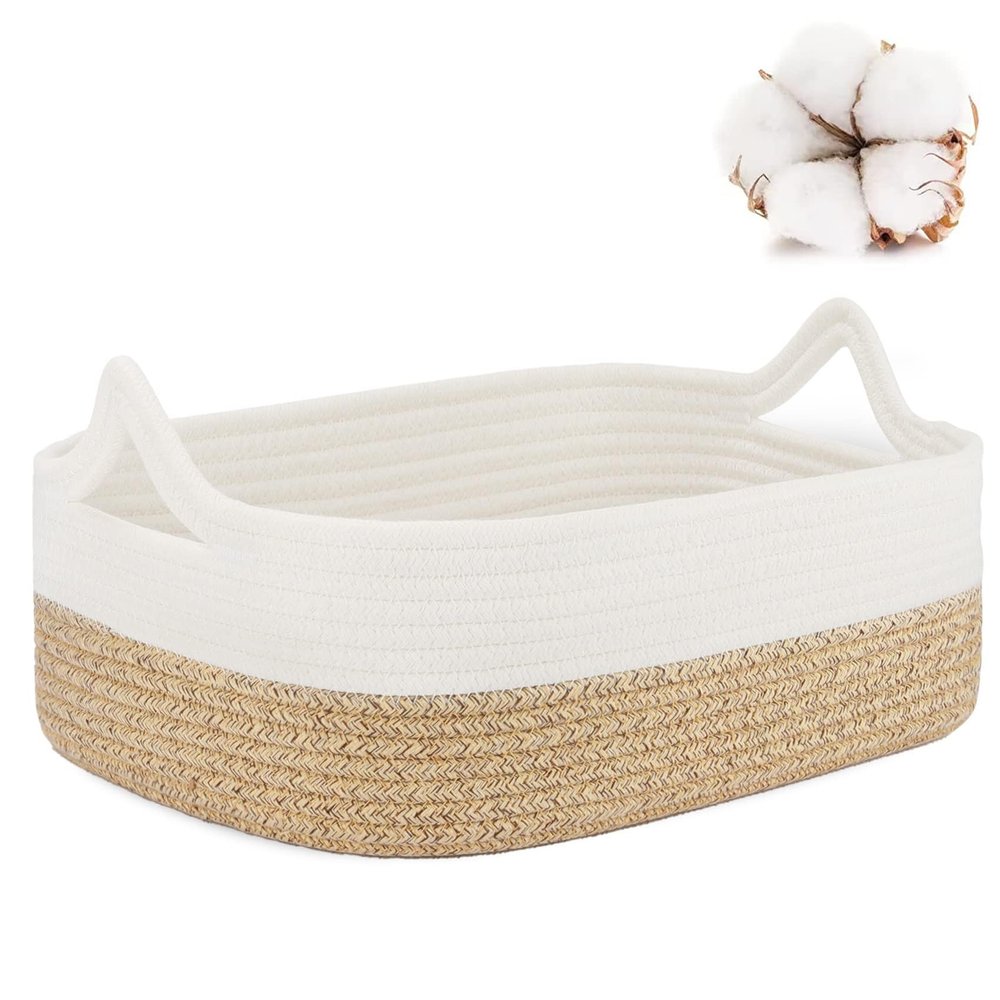 ABenkle Small Storage Basket with Handles, Cotton Rope Woven Dog Cat Toy Bin, Decorative Shelves Closet Organizing for Nursery Laundry Bedroom Bathroom, 14.2''x 11''x 5.1''