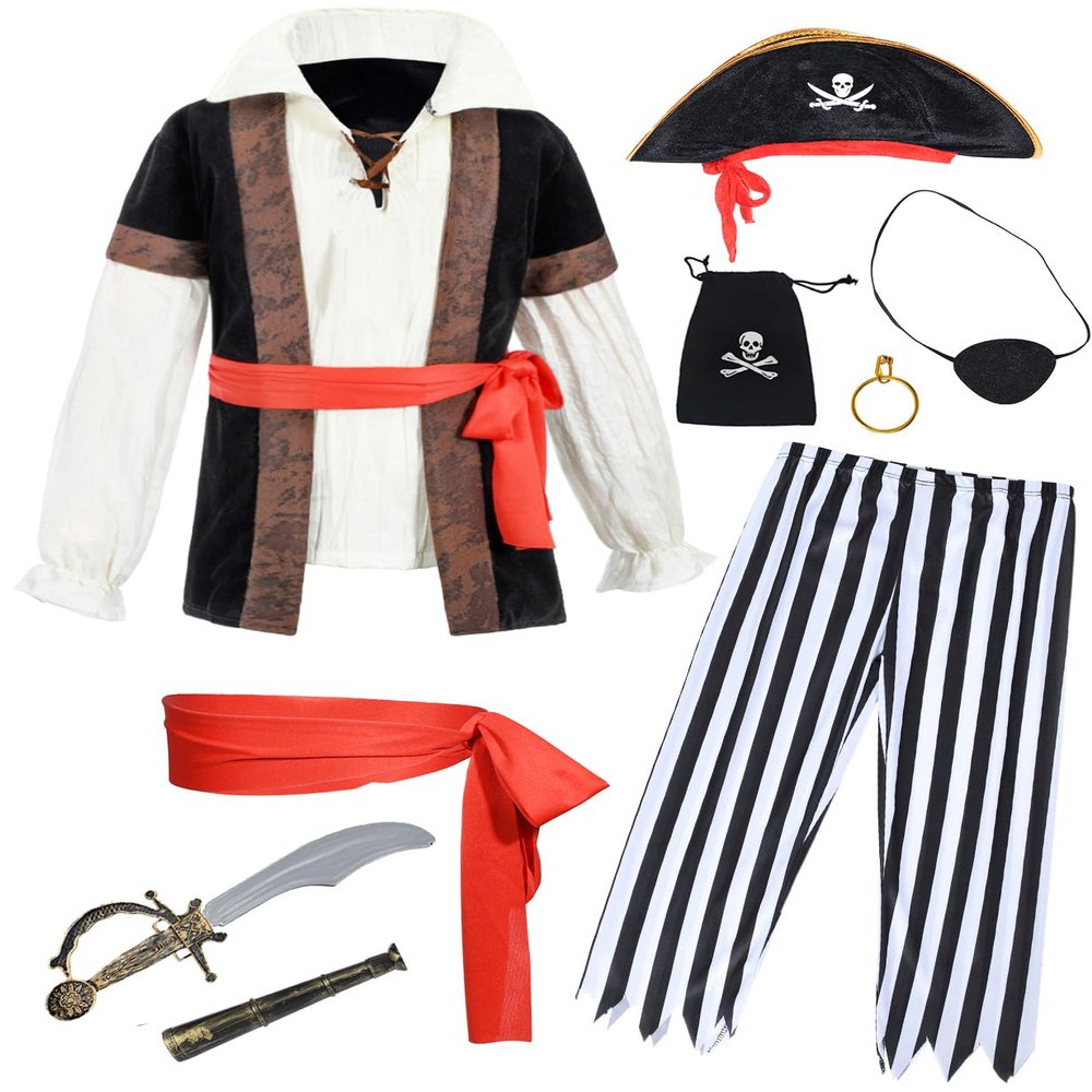 9 PCS Pirate Costume Kids Coat Pants Hat with Accessories Deluxe Set for Party Cosplay 8-10 Years