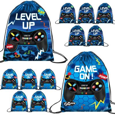 Eccliy 20 Pcs Video Game Party Favor Bags Gamer Birthday Party Drawstring Bags for Kids Boys Girls 12 x 10 Inch Gaming Goodie Treat for Game on Theme Decorations Supplies(Blue,Fresh Style)