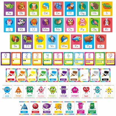 64 PCS Educational Cards, Laminated Water/Tear Proof Preschool Learning Posters Include Alphabet Numbers Colors & 2D/3D Shapes, Kindergarten Preschool Early Education Cards Home Classroom Decorations