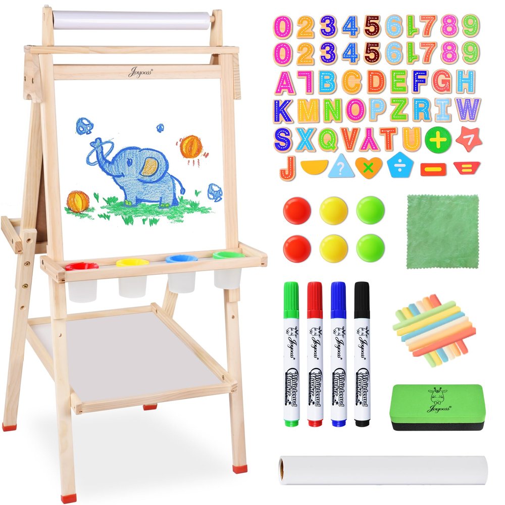 Joyooss Art Easel for Kids with Double-Sided Magnetic, Wooden Standing Kids Easel with Dry Erase Whiteboard & Chalkboard, Height Adjustable Children Easel with Paper Roll, Bonus Toddler Art Supplies