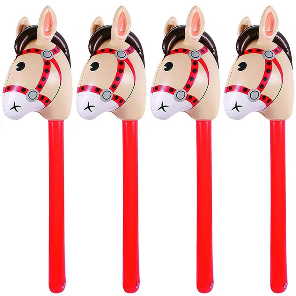4PCS Inflatable Stick Horse - Pony/Western Cowboy/Horse Baby Shower Birthday Party Decorations Inflatable Horse Head (Red)