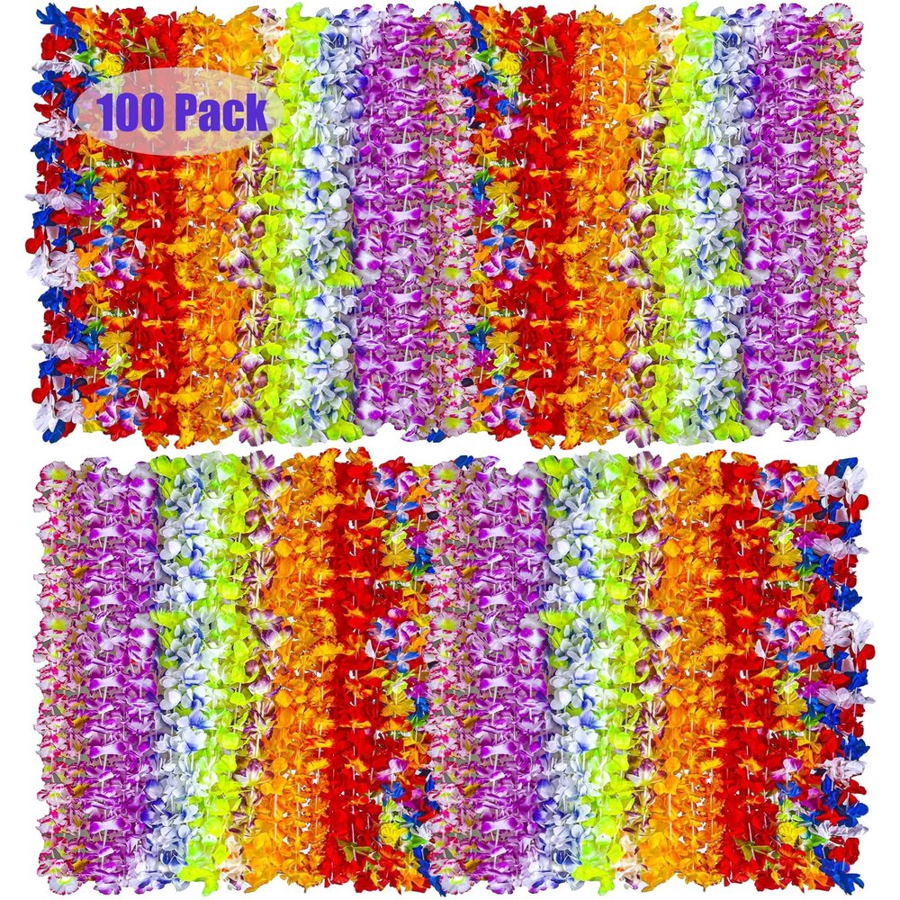 Hawaiian Leis 100pcs, Luau Birthday Party Decorations, Hawaiian Necklace Silk Flower leis for Luau Beach Birthday Party Decorations and Party Supplies