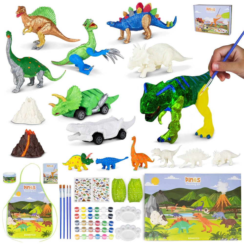 BONNYCO Dinosaur Toys for Kids Painting Kit 16 Figurines. Kids Crafts Kits with Glow in The Dark Toys, Gifts for Boys 3 4 5 6 7 8 9 10 Years Old Dinosaur Gifts Arts and Crafts, Birthday, Christmas