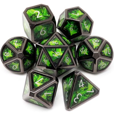 Haxtec Metal Dice Set D&D Acid Splash Real Scene Black Green Polyhedral DND Dice W/PU Leather Dragon Eye Dice Bag for TTRPG Compatible with Dungeons and Dragons Gifts