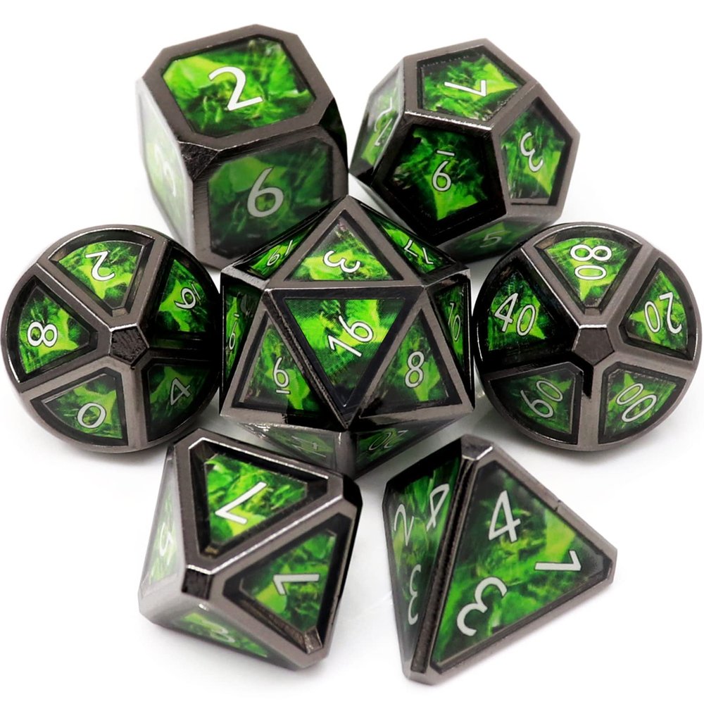 Haxtec Metal Dice Set D&D Acid Splash Real Scene Black Green Polyhedral DND Dice W/PU Leather Dragon Eye Dice Bag for TTRPG Compatible with Dungeons and Dragons Gifts