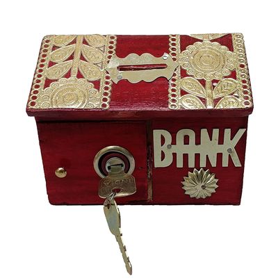 Zifron Wood Store Piggy Bank, Money Bank, Gullak for Kids, Birthday Gift for Kids and Adults, Handmade Wooden Coin Box, Holder, Money Box Coin Bank with Lock & hut Shape ( RED )