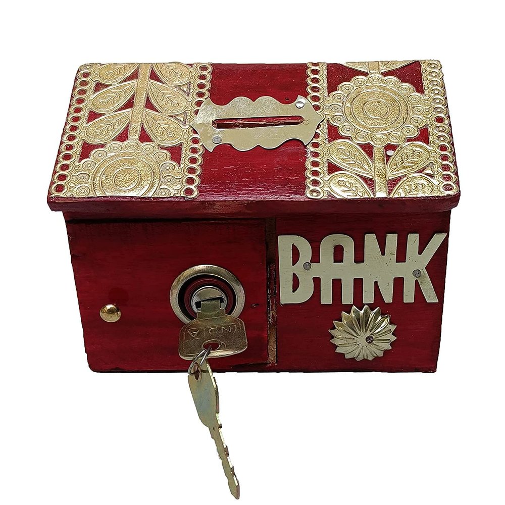 Zifron Wood Store Piggy Bank, Money Bank, Gullak for Kids, Birthday Gift for Kids and Adults, Handmade Wooden Coin Box, Holder, Money Box Coin Bank with Lock & hut Shape ( RED )