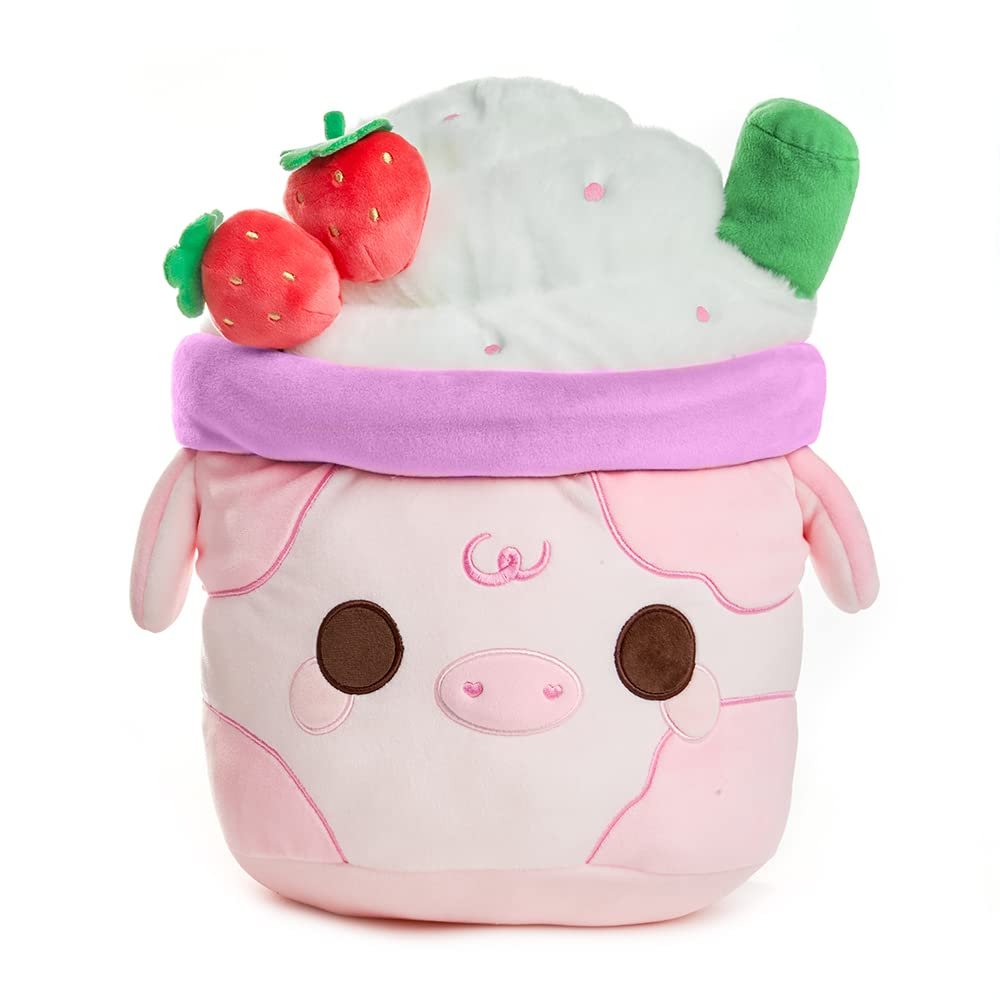 Cuddle Barn PlushGoals - Strawberry Mooshake Cute Kawaii Cow Stuffed Animal - Super Soft Squishy Milkshake Dessert Scented Collectible Toy Drink - Plush Pillow, Decor, Fun Gift - 11 inches