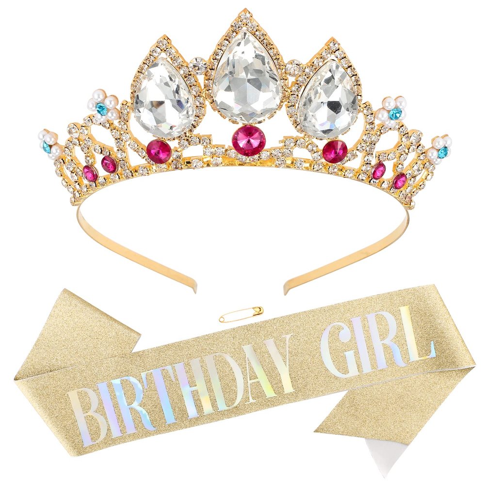 Aprince Birthday Tiara and Sash for Women Crystal Crown Headband Hair Accessories Party Favors Decorations Birthday Gift (Gold)