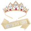 Aprince Birthday Tiara and Sash for Women Crystal Crown Headband Hair Accessories Party Favors Decorations Birthday Gift (Gold) view 1