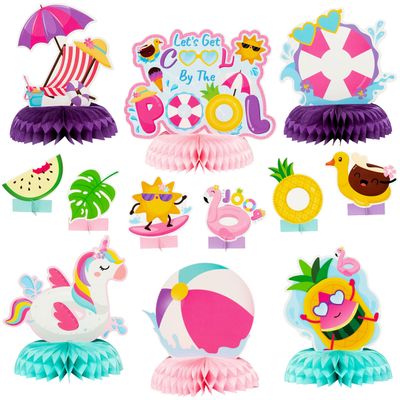 ArowlWesh 12Pcs Summer Pool Honeycomb Centerpiece Decoration, Pink Beach Ball Table Toppers for Girls and Kids, Hawaiian Flamingo Beach Party Luau Party Birthday Party Table Toppers Photo Props Decor
