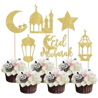 24 Pack Eid Mubarak Cupcake Toppers Glitter Star Ramadan Kareem Cupcake Pick Moon Star Eid Islamic Muslim Theme Party Cake Decoration Supplies Gold