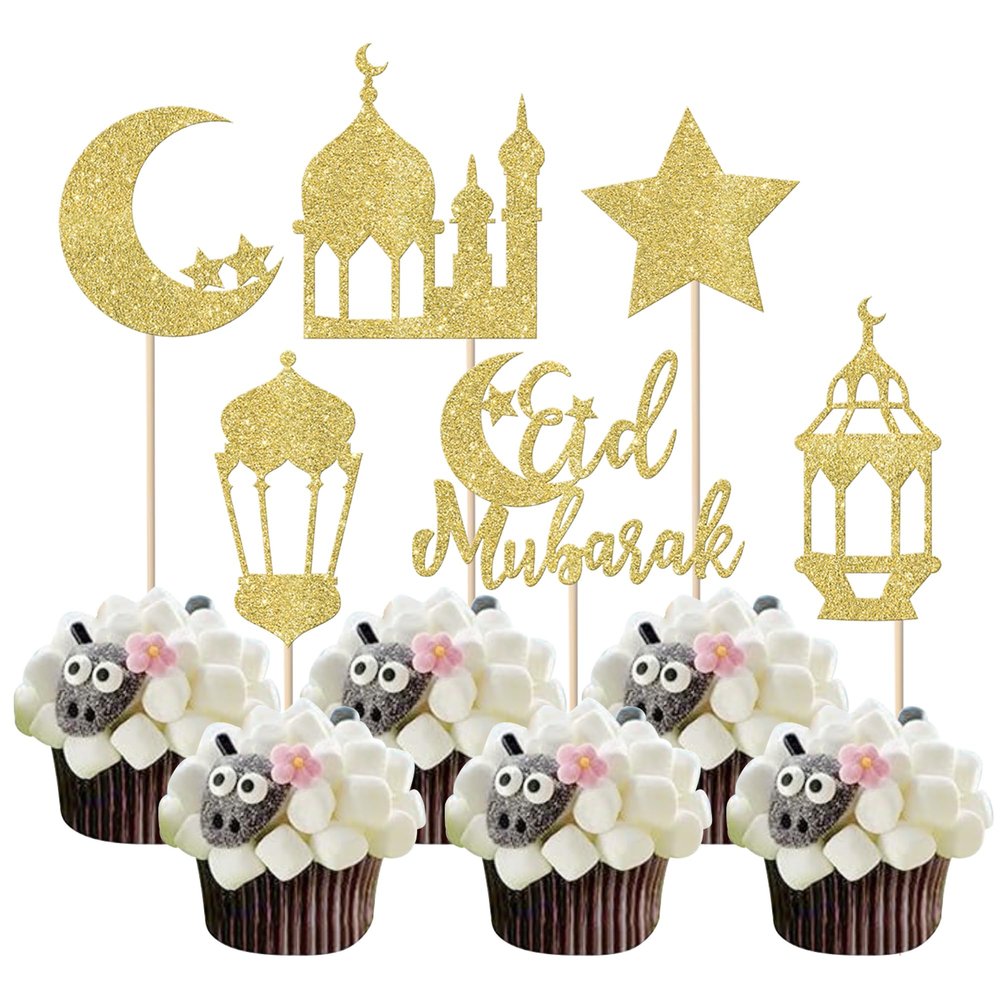 24 Pack Eid Mubarak Cupcake Toppers Glitter Star Ramadan Kareem Cupcake Pick Moon Star Eid Islamic Muslim Theme Party Cake Decoration Supplies Gold