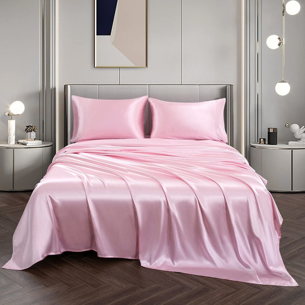DPS Cotton King Silky Soft Satin Silk 4 Piece Bed Sheets Breathable Cooling, Wrinkle, Fade, Stain Resistant Emperor Size, Deep Pocket Upto 20-22'' Baby Pink Solid