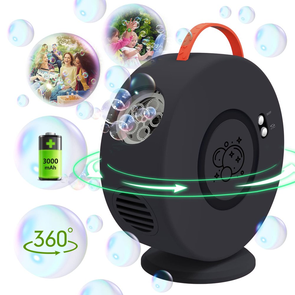 Bubble Machine for Kids Toddlers,Automatic Bubble Blower Rechargeable, 90 360 Auto Rotatable Portable Bubble Maker Electric Bubbles Toy for 3 4 5 6 7 8 Year Old, Outdoor Wedding Party Gifts