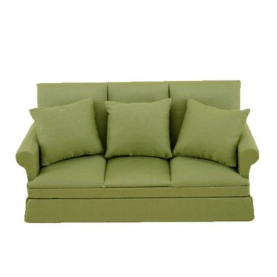 1:12 Scale Cute Fabric Three-Person Sofa Dollhouse with 3 Pillows Miniature Wooden Furniture Couch Handmade Crafts Supplies Any Dollrooms Life Scenes Decor Green Dollhouse Accessories