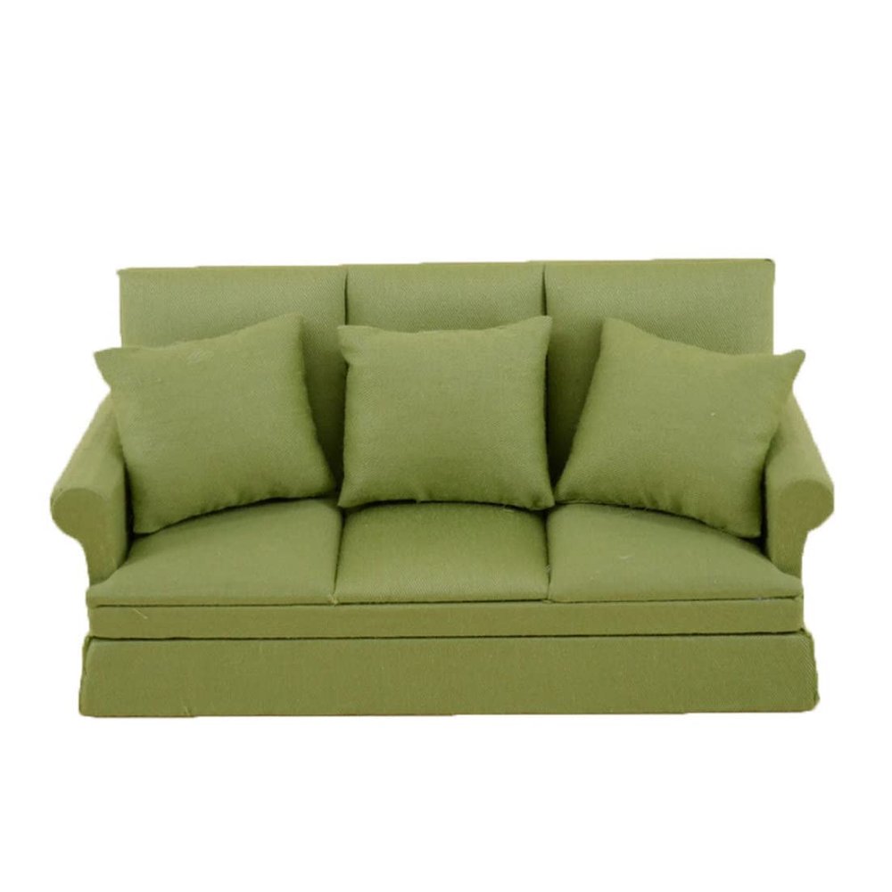 1:12 Scale Cute Fabric Three-Person Sofa Dollhouse with 3 Pillows Miniature Wooden Furniture Couch Handmade Crafts Supplies Any Dollrooms Life Scenes Decor Green Dollhouse Accessories