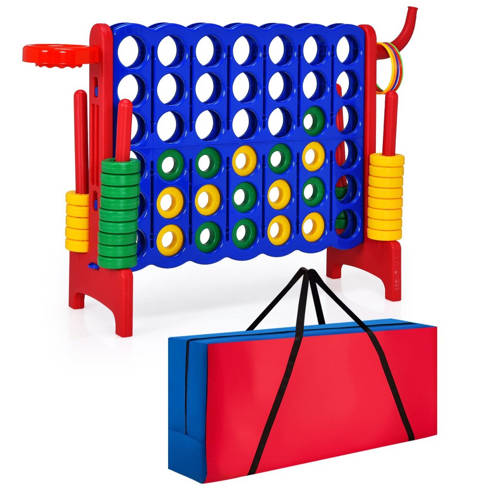 COSTWAY Jumbo 4-to-Score Giant Game Set with Carrying Bag, 2.5Ft Indoor Outdoor Game Set with Basketball Hoop, Ring Game, 42 Jumbo Rings, Quick-Release Slider, for Holiday Party, Kids & Adults (Red)