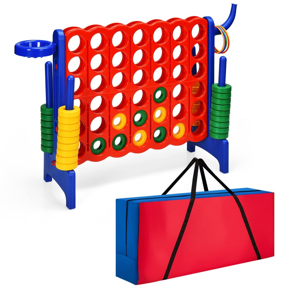 COSTWAY Jumbo 4-to-Score Giant Game Set with Carrying Bag, 2.5Ft Indoor Outdoor Game Set with Basketball Hoop, Ring Game, 42 Jumbo Rings, Quick-Release Slider, for Holiday Party, Kids & Adults (Blue)