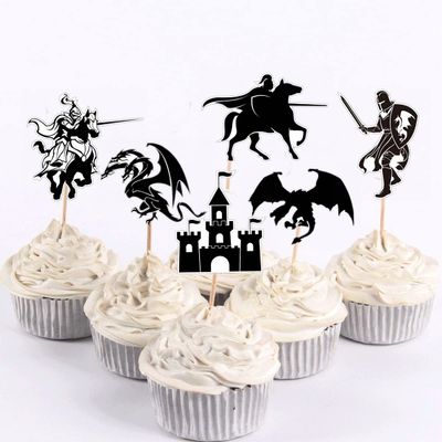 24Pcs Dragon Knight Birthday Cupcake Toppers Castle Cupcake Picks Flying Dragon Theme Birthday Party Decorations for Medieval Theme Fairy Tale Fantasy Baby Shower 1st Birthday Party Supplies
