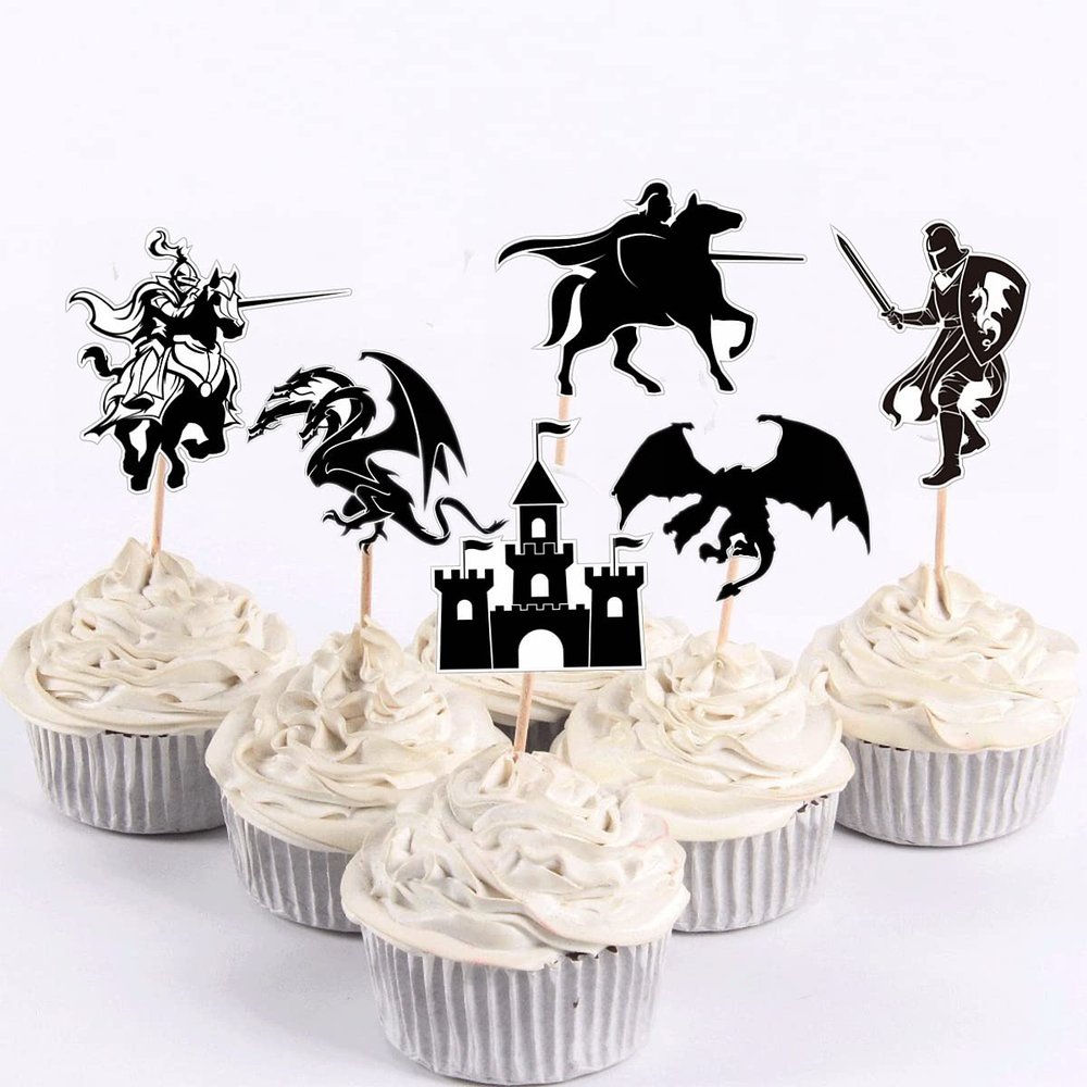24Pcs Dragon Knight Birthday Cupcake Toppers Castle Cupcake Picks Flying Dragon Theme Birthday Party Decorations for Medieval Theme Fairy Tale Fantasy Baby Shower 1st Birthday Party Supplies