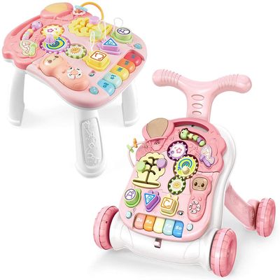 Baby Sit-to-Stand Learning Walker, 2 in 1 Baby Walker for Girls Boys, Educational Baby Push Walkers with Entertainment Activity Table, Baby Music Learning Toy Gift for Infant Boys Girls (Pink)