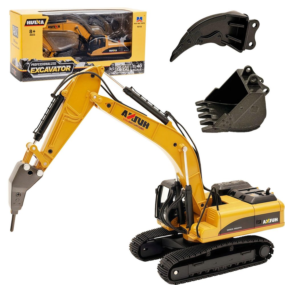 Gemini&Genius Drill Excavator Toy, Demolition Machine Car, Construction Vehicle Toys 1/40 Scale Die-cast Impact Hammer Engineering Truck, Alloy Models Toys for Kids (2Pcs Replaceable Heads)