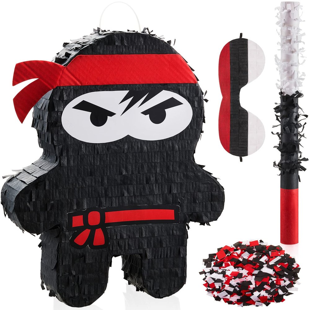 Karate Ninja Piata Ninja Birthday Party Supplies with Piata Stick Confetti and Blindfold, Warrior Birthday Party Decor for Adults Game Black(16.5 x 13 x 3 Inch,Stylish Style)