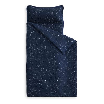 Wake In Cloud - Toddler Nap Mat with Pillow and Blanket, for Kids Boys Girls Ages 3 Plus in Kindergarten Daycare Preschool, Roll Up Sleeping Bag, Constellation Galaxy, Navy Blue, Standard