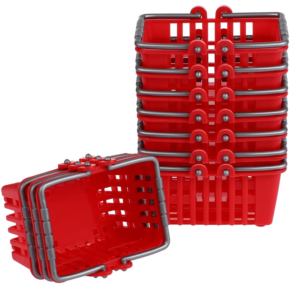NUOBESTY 10Pcs Mini Shopping Basket Mini Supermarket Cart Tiny Plastic Retail Shopping Baskets with Handles for Kids Party Favors Dool House Ornament Red 2.7x1.2x1.3 Inch