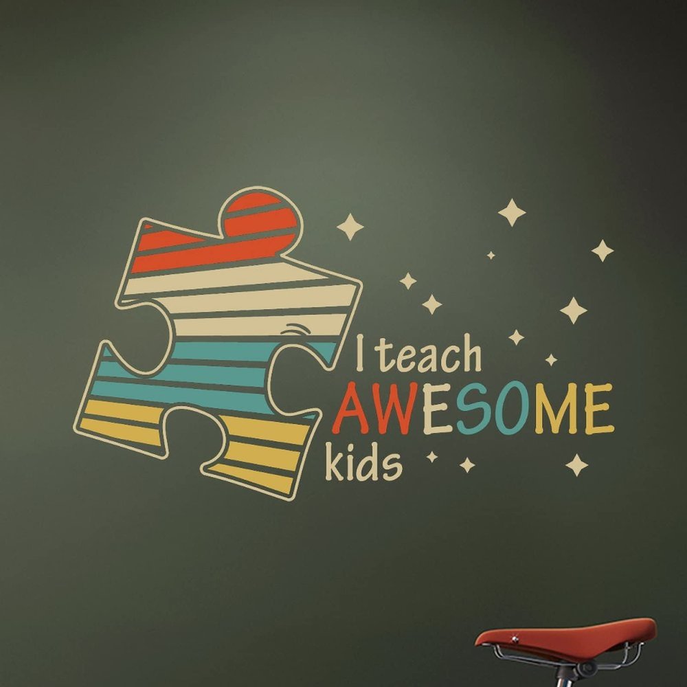 I Teach Awesome Kids Wall Decal Vinyl Autism Awareness Sticker for Wall Puzzle Piece Wall Art Stickers Autistic Support Wall Decor Art Decals Mural Wall Decal Sticker for Kitchen Dining Baking Room