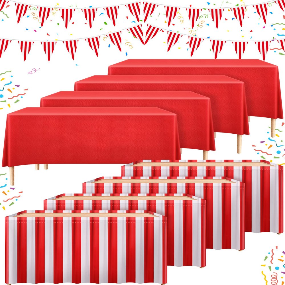 10 Pieces Carnival Theme Party Decors Carnival Table Skirts Circus Theme Tablecloths Red White Striped Pennant Banners Circus Bunting Banners Decors