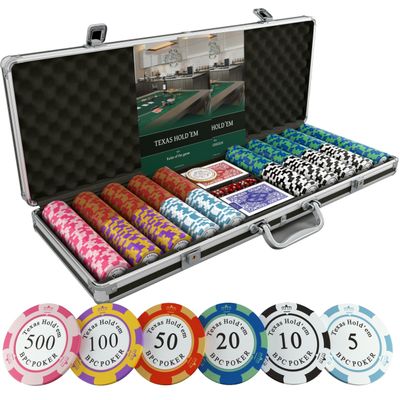 Bullets Poker Set, 2 Plastic Card, Dice, Dealer Button, Manual & Travel Case  with Case for Texas Holdem, Casino Games, & Prominence  Ideal Poker Set with Chips and Cards, 500 Clay 'Carmela' Chips.