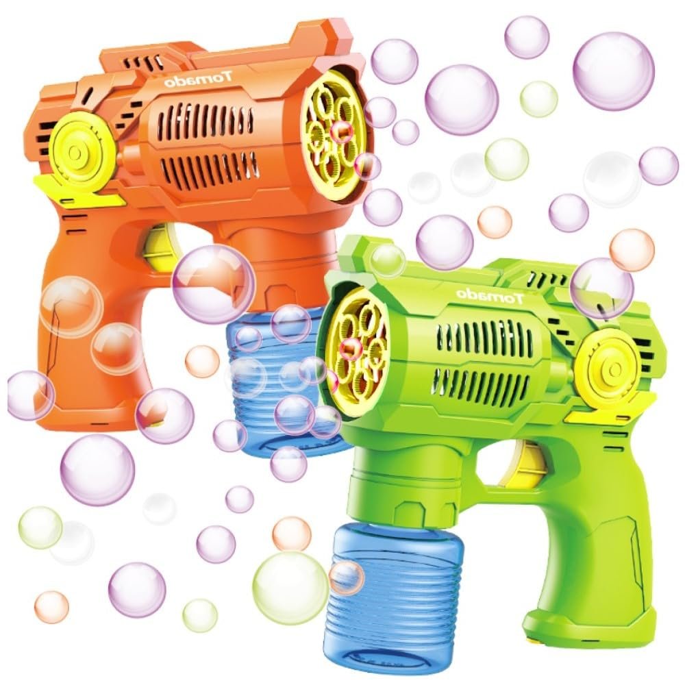 Bubble Maker Gun Set: Bubble Blower Toys for Kids Toddlers Boys Girls | Ideal for Outdoor Play, Easter Basket Stuffers & Birthday Gifts | Batteries and Refill Bottles Included (Green & Orange)