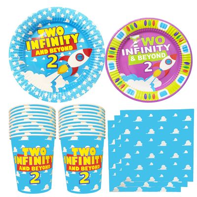 BIGKEOKI Cartoon Story 2nd Birthday Paper Plates Napkins and Cups Two inspired 2 to infinity inspired Beyond Bday Decorations Party Supplies Serve 30 Guests(Blue Sky 2nd Bday)