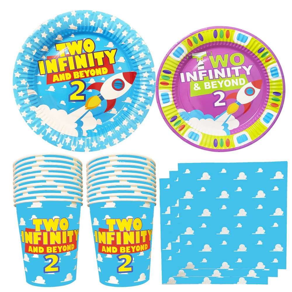BIGKEOKI Cartoon Story 2nd Birthday Paper Plates Napkins and Cups Two inspired 2 to infinity inspired Beyond Bday Decorations Party Supplies Serve 30 Guests(Blue Sky 2nd Bday)