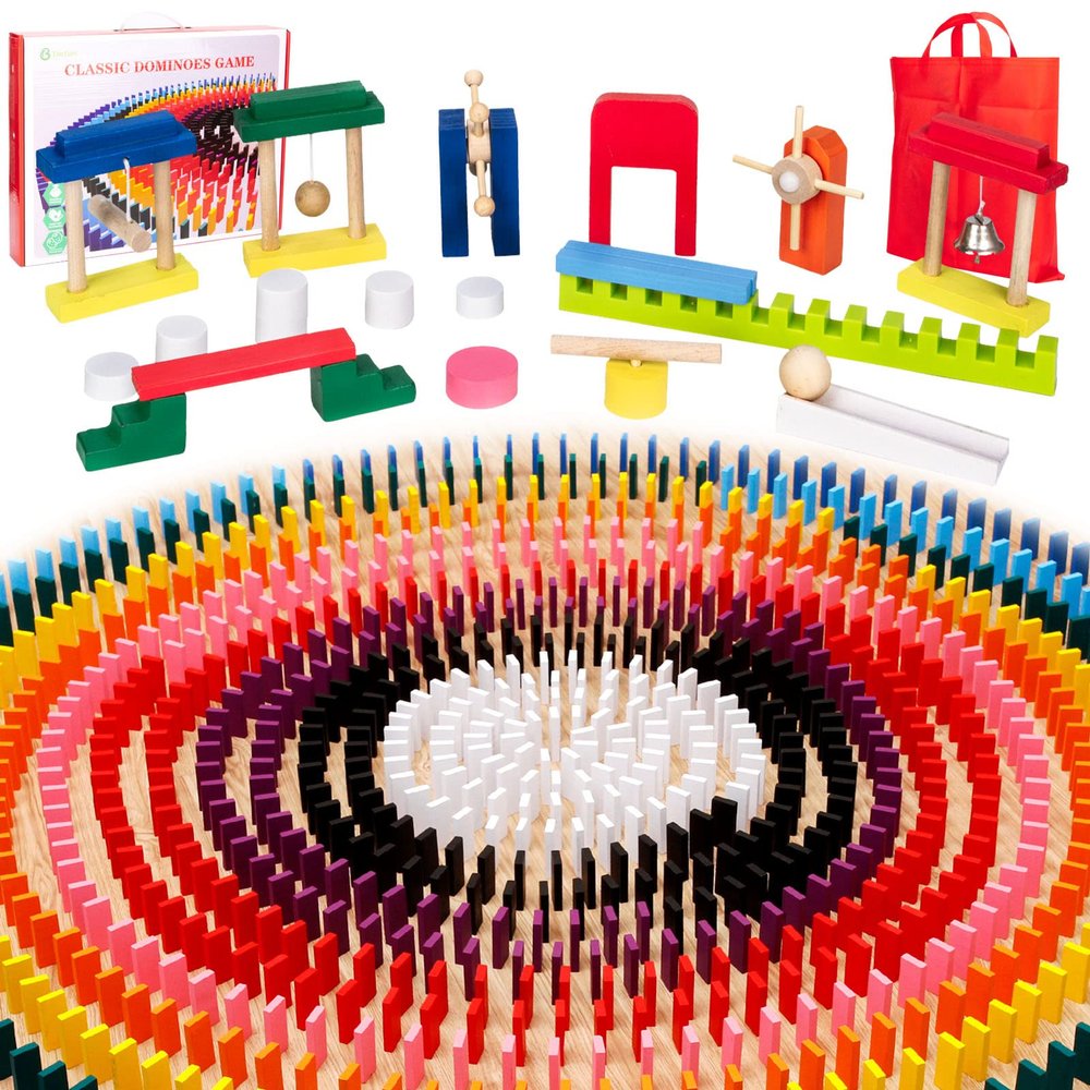 Timfuis 1000 PCS Dominoes Set for Kids with Extra 20 Blocks, Colorful Dominos Tiles for Building, Stacking, Racing, Tumbling, Wood Domino with Storage Bag and Box