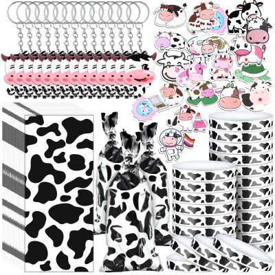 Chunful 148 Pcs Cow Party Favors Include Cow Print Gift Bag Cute Keychain Elastic Silicone Bracelets Animal Stickers for Birthday Party Supplies