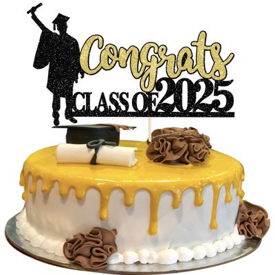 1 Pack Congrats Class of 2026 Cake Toppers Graduation Boy Cake Picks Glitter 2026 Graduation Cake Decorations for Theme High School Boys Graduate Cake Decorations Party Supplies Gold Black